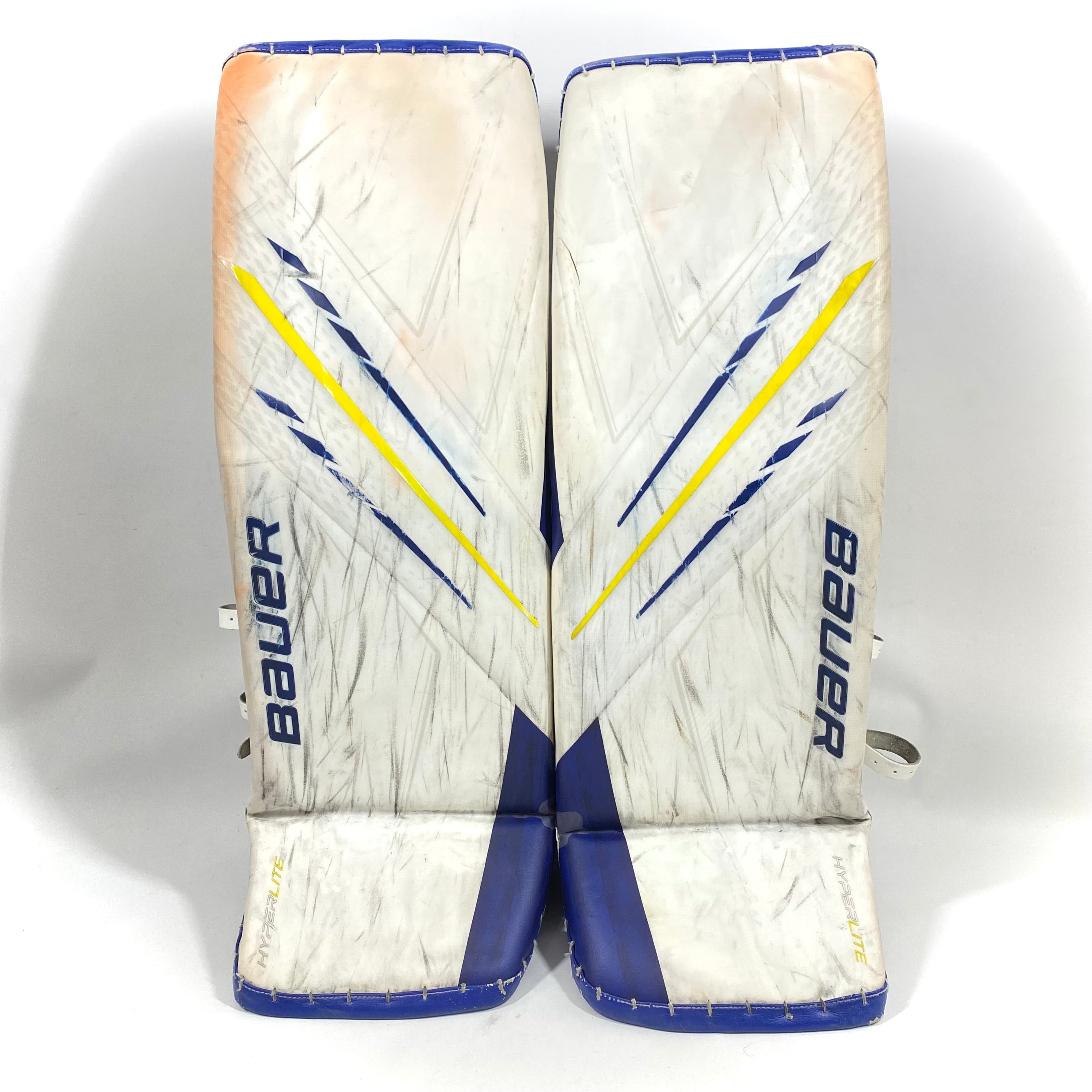 Bauer Vapor Hyperlite - Jambières de gardien Pro Stock d'occasion (blanc/bleu/jaune)